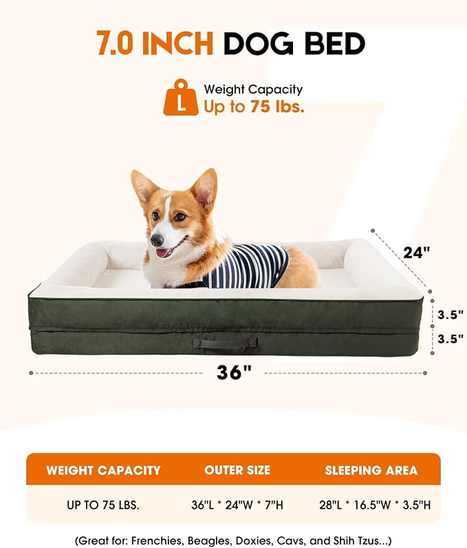 Upvilla Orthopedic Dog Bed, Four-Sided Medium Dog Sofa,Washable Cover Green | Removable Waterproof Dog Bed Cover, Egg-Crate Orthopedic Foam, Built-In Carry Handle, Indoor Small Pet Beds, Cat Beds
