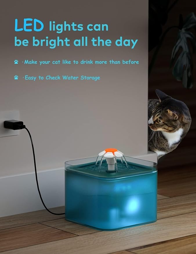 Fontaine à eau pour chat d'intérieur : fontaine à eau pour chat de 2 L (67 oz) - Fontaine d'eau silencieuse pour animaux de compagnie - Fontaines à eau cyan faciles à nettoyer - Pour chats et petits animaux - Comprend 4 filtres + 2 éponges