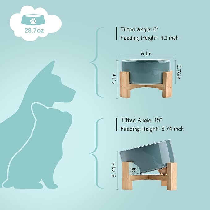 SPUNKYJUNKY 15° Slanted Ceramic Dog and Cat Bowl with Wooden Stand, Tilted Bulldog Food and Water Bowl No Slip Non-Spill for Cats Medium Dogs Big Face Pets 28.7 OZ (3.6 Cups, Light Green)