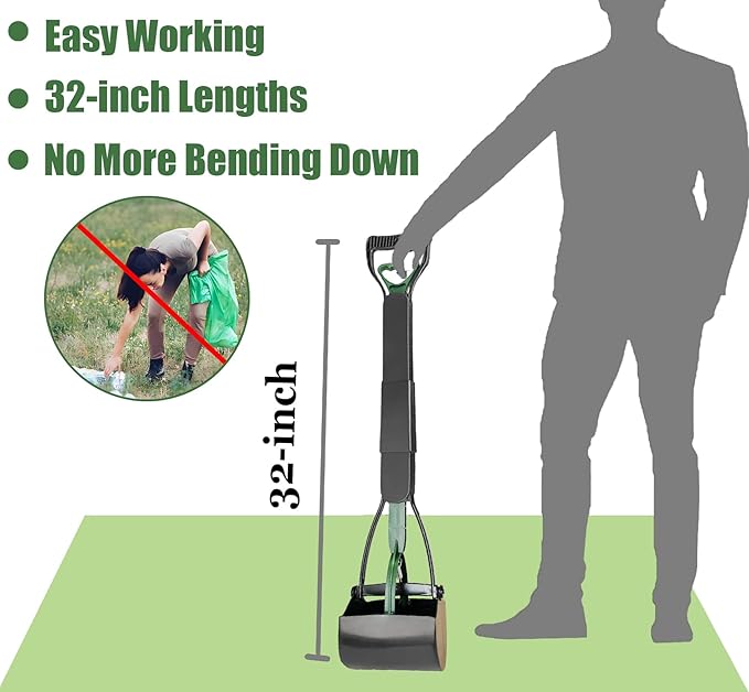 32'' Pooper Scooper for Large Small Dogs Heavy Duty, Long Handle Poop Scoop for Yard, Grass, Gravel, Dog Poop Grabber with High Strength Material and Durable Spring（Dark Green）