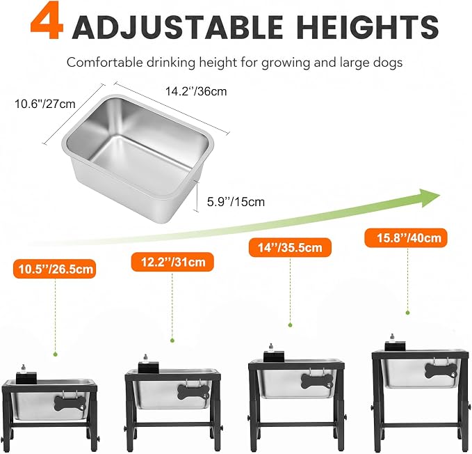 2.8 Gallon Elevated Large Dog Water Bowl, Automatic Dog Water Bowl Dispenser, 4 Adjustable Height Raised Dog Bowl Stand for Large Breed Relief Joint Pressure, Easy Clean for Indoor & Outdoor Uses
