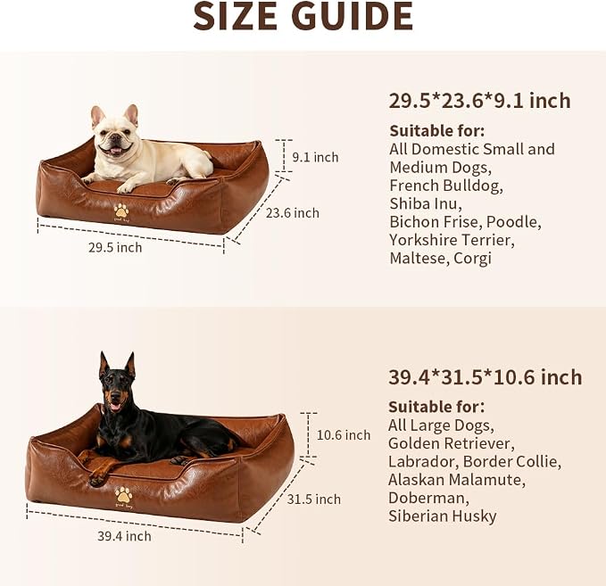 SOMAHE Waterproof Leather Dog Bed, Bolster Couch, 24x19x9 Brown | Wipe-Clean Waterproof Leather + Removable Cushion: raised bolsters create a cozy bed for small-medium dogs.