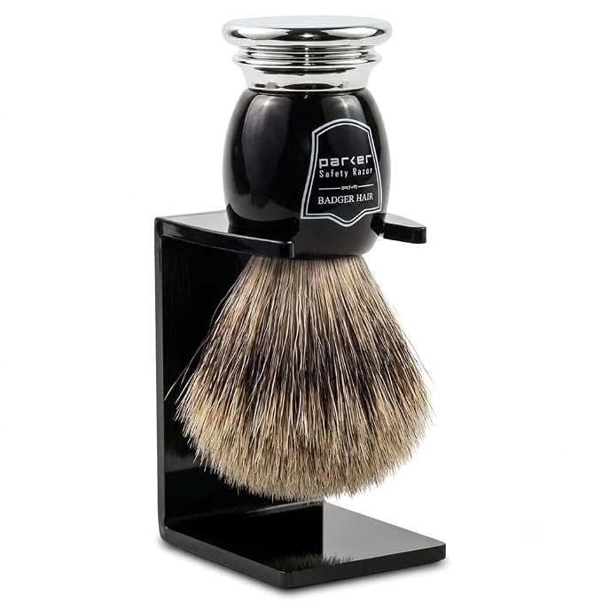Parker 3-Band Pure Badger Shaving Brush with Stand – Black & Chrome Handle | 22mm Knot | Rich Lather for Soap & Cream | Handcrafted Wet Shaving Brush for Men | Premium Grooming Tool