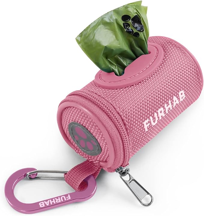 FURHAB Dog Poop Bag Holder for Leash Doggie Waste Bag Dispenser Soft Fabric Puppy Potty Carrier Small Doggy Zipper Pouch with Carabiner Clip 1680D Nylon Oxford with 1 Roll of Pet Trash Bags, Pink