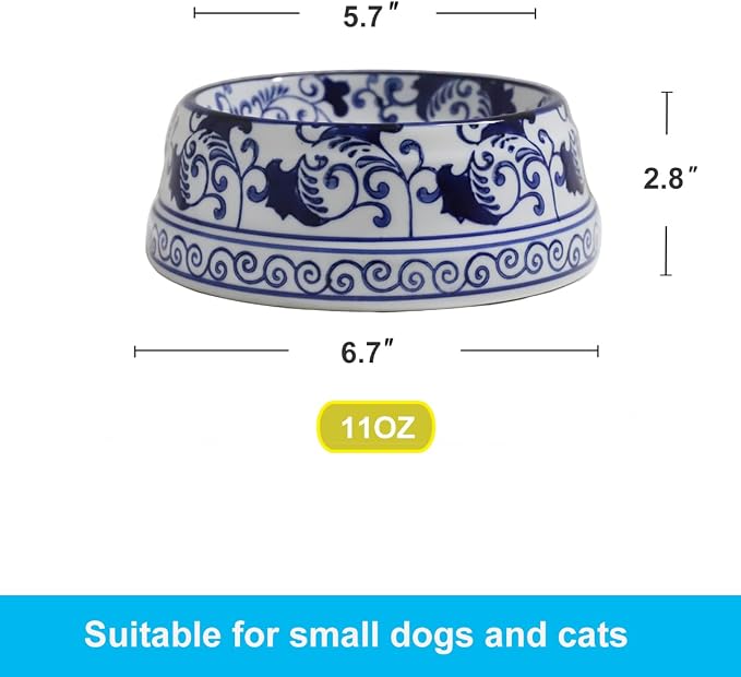 Aimusego Hand-Painted Ceramic Dog Bowl Blue/White Durable Dog Cat Food and Water Pet Dish 11OZ