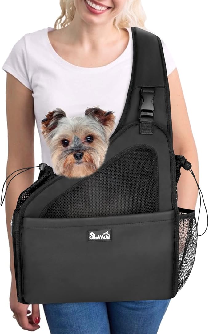 SlowTon Dog Sling Carrier, Hands Free Hard Bottom for Small Dogs up to 11lb | Breathable Mesh Support, Adjustable Padded Strap, with Pocket Safety Belt, Machine Washable, for Small Animal Puppy, Black