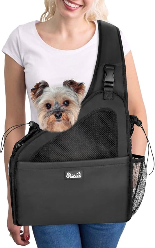 SlowTon Dog Sling Carrier, Hands Free Hard Bottom for Small Dogs up to 11lb | Breathable Mesh Support, Adjustable Padded Strap, with Pocket Safety Belt, Machine Washable, for Small Animal Puppy, Black