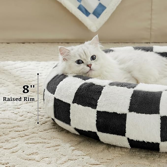Ohocut Checkered Cat Dog Bed, Cute Black White Retro Style Aesthetic Round Warming Pet Calming Beds for Small Dog and Cats, Plush Cozy Donut Beds Washable, 23" L x 23" W x 8" Th