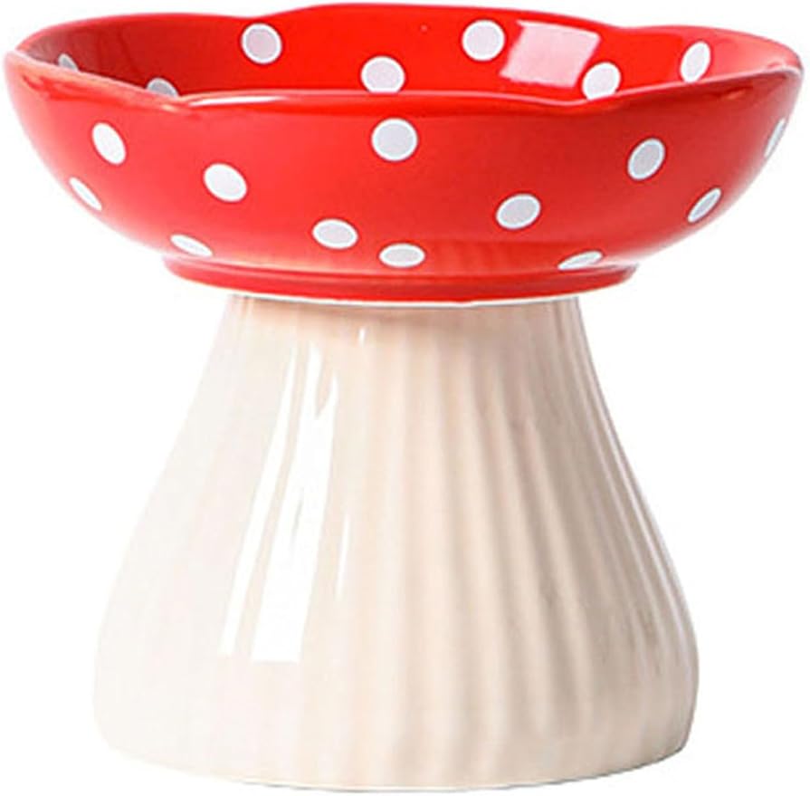Mushroom Elevated Cat Bowls Ceramic, Cute Cat Bowls Whisker Fatigue | Raised Cat Bowl for Indoor Cats, Raised Dog Bowls Stand for Food and Water, Red 6" Wide for Adult Cats