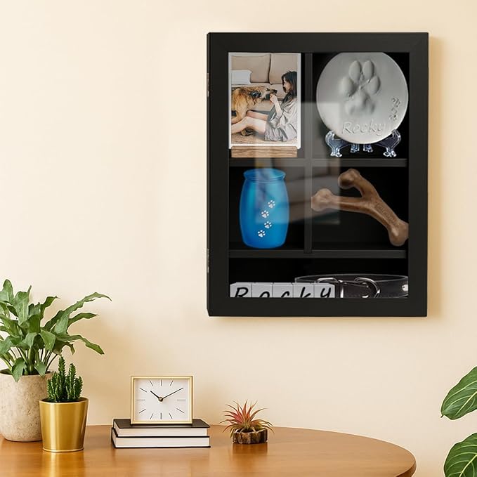12x16 Inch Solid Wood Pet Memorial Shadow Box Frame with Shelves | Large Deep Display Case Memory Box for Dog & Cat Paw Print Urn Keepsake Lovers, Pet Remembrance Sympathy Gift - Black