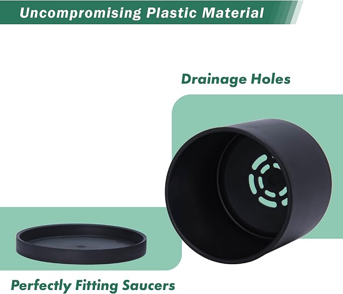 D'vine Dev 2 Pack 4 Inch Modern Plastic Plant Pots, Small Garden Planters for Plant with Drainage Holes and Saucers, Black Color, 74-Y-E-1
