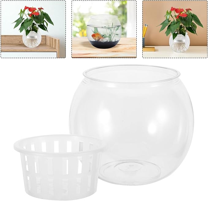 GLEAVI Betta Aquarium Small Fish Bowl with Hydroponic Planter Basket, Plastic Terrarium Container for Desktop Micro Landscape and Betta Fish Tank Accessories