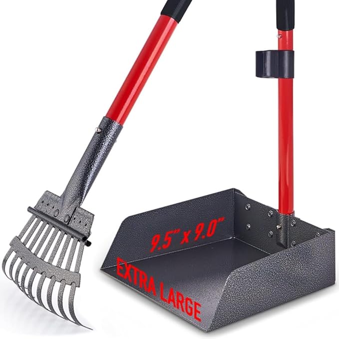 Pawler Pooper Scooper for Large Dogs, Small Dogs and Horses, Metal Poop Scooper Set with Long Handle Rake and Tray for Yard, Grass, Dirt or Gravel, Heavy Duty Aluminum Poop Picker Upper