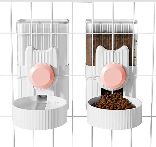 Distributeur automatique de nourriture et d'eau pour petits animaux, gamelle suspendue, bouteille d'eau de 1 litre, distributeur automatique par gravité, station d'alimentation pour chenil, gamelle de cage pour lapin, chiot, chat, furet (rose)