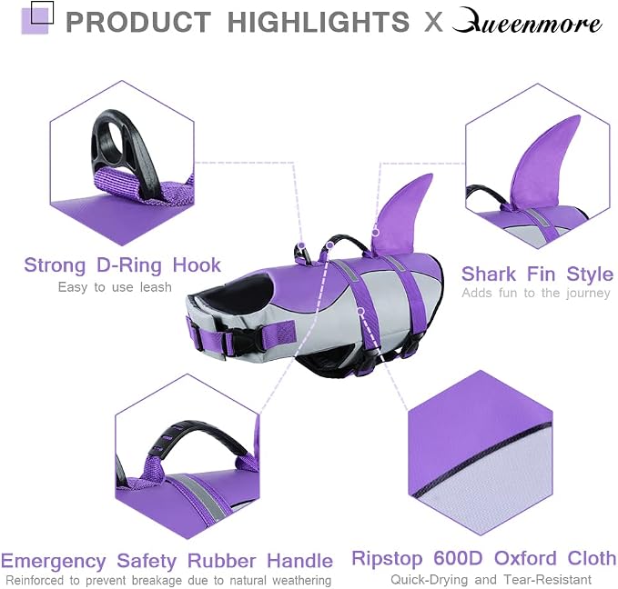 Dog Shark Life Jacket with Rescue Handle - Adjustable Reflective Dog Life Preserver for Large Dogs, Purple XL