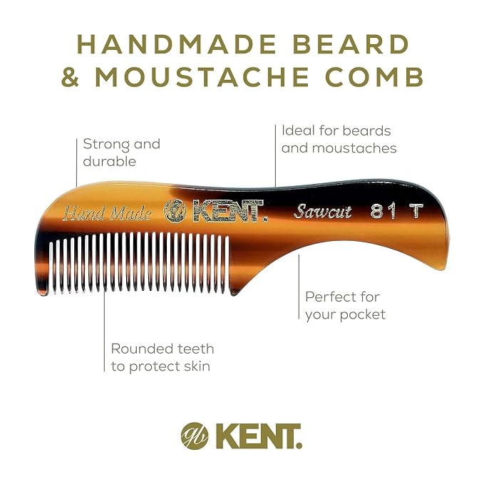 Kent Set of 3, 81T Small Beard and Mustache Comb, Fot All Fine Pocket Comb and PF22 Hair Brush and Beard Bruh, Best Beard and Mustache Grooming Kit for Travel and Home Beard Care, Made in England