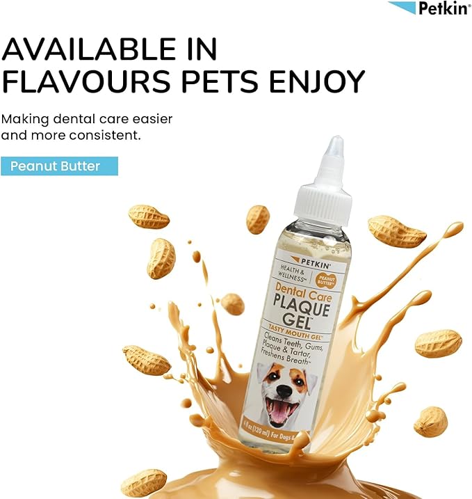 Petkin Plaque Remover Gel, Peanut Butter – Cleans Teeth and Gums, Removes Plaque and Tartar - Freshens Breath and Whitens Teeth with Baking Soda - Ideal for Daily Use, No Brushing or Rinsing - 4 fl oz