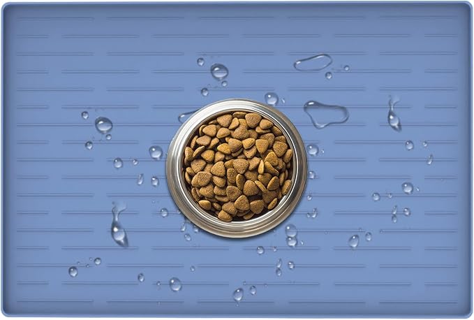 24" x 16" Dog Food Mat, Silicone Pet Mats for Food and Water, Nonslip Pet Feeding Mats for Floors, Dog Cat Bowl Mat with Raised Edges, Lake Blue