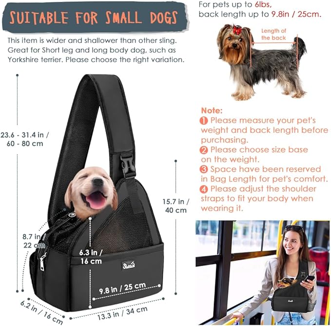 SlowTon Dog Sling Carrier, Hands Free Hard Bottom for Small Dogs up to 6 lb | Breathable Mesh Support, Adjustable Padded Strap, with Pocket Safety Belt, Machine Washable, for Short Legs Small Animal