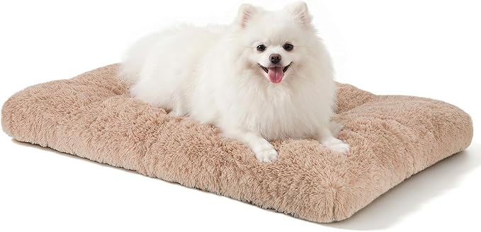 JOEJOY Dog Bed Crate Pad, Deluxe Plush Washable Dog Beds Fulffy Soft Kennel Pad Anti-Slip Pet Sleeping Mat for Small Dogs, 23" x 18", Beige