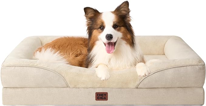 EHEYCIGA Orthopedic Dog Bed for Large Dog, Memory Foam Dog Couch, Beige | 41x27 Inch Large Sized Dog Sofa with Sides, Waterproof Liner & Washable Removable Cover, Bolster Pet Couch