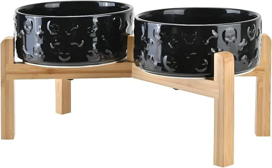 SPUNKYJUNKY Elevated Dog Bowls Ceramic, 7.3'' Dogs Food Water Bowls Raised with Non-Slip Bamboo Stand for Medium to Large Sized Breed Microwave Dishwasher Safe - 42 OZ,Skull Black