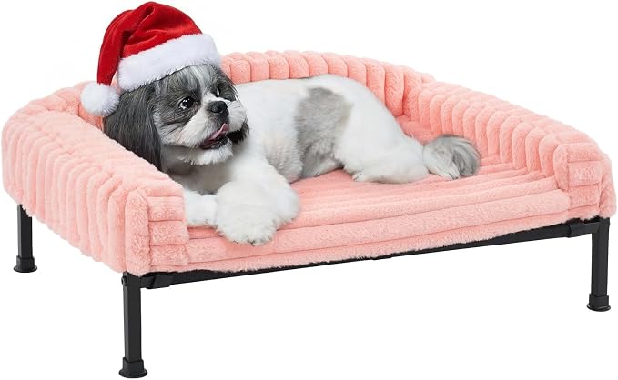 Veehoo Elevated Dog Bed with Bolster Cushion, Fluffy Plush Dog Couch Beds for Small Dogs, Cats, Washable Raised Pet Cot with Non-Slip Feet for Indoor or Patios Use, 30 x 20 Inches, Pink