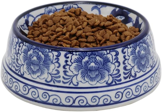 Aimusego Blue and White Flower Pattern Ceramic Dog Food Dish for Small Medium Dogs and Cat,Heavy Non-Slip Porcelain Pet Bowl for Food and Water -6.7inch
