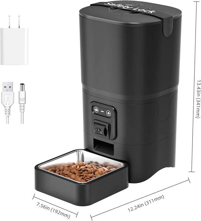 PAPIFEED Distributeur Automatique pour Chats 6L, Mangeoire Intelligente WiFi 2.4G avec Caméra et Audio Bidirectionnel, Angle Réglable, Nettoyage Facile, Programmation de 1 à 10 Repas Par Jour pour Chats et Petits Chiens - Noir