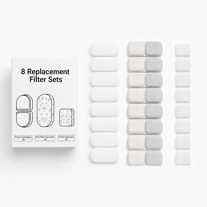 4L Cat Water Fountain Filters, 8-Pack Replacement Filters for YSJ402 | 8 Filter Cartridges, 8 Pre-Filter Sponges, 8 Pump Sponges, Helps Remove Hair, Debris & Odors, 4-Month Supply