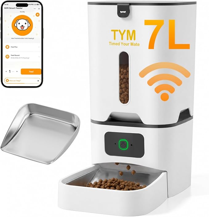 7L Automatic Cat Feeder, WiFi Timed Food Dispenser for Cats Small Pets | Large Capacity | Programmable | 2–4 Weeks Food Storage | Weight / Diet Control | Stainless Steel Bowl | Dual Power Supply