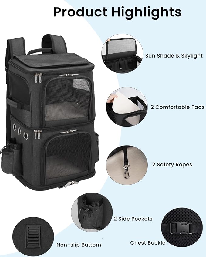 HOVONO Double Cat Carrier Backpack for 2 Cats or Small Dogs,Large Space | 2-in-1 Dual Compartment Pet Backpack Carrier up to 18 lbs, Ventilated Design for Traveling/Hiking /Camping/Vet Visits, Black
