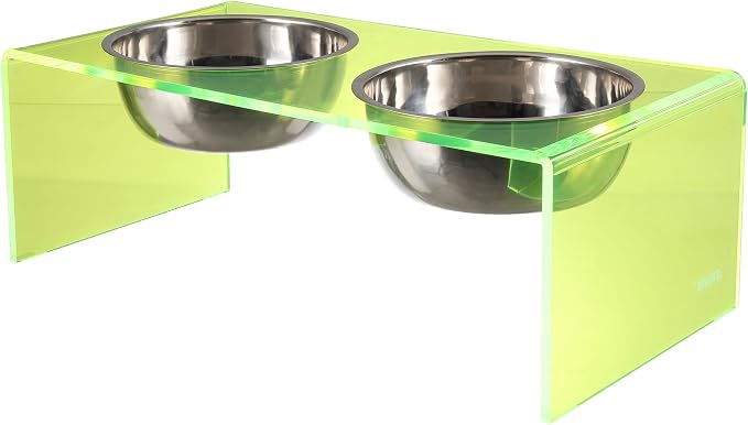 DBL2001G Keaton 7.5" Medium/Large Modern Acrylic Rectangular Elevated Pet Feeder with 54oz 2-Stainless Steel Bowls, Green/Chrome