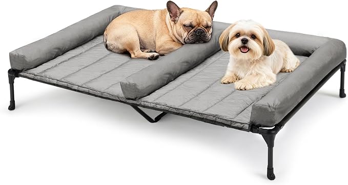Veehoo Elevated Dog Bed for 2 Dogs, Cooling Raised Dog Bed with Bolster Mat | Outdoor Double Dog Bed with Removable Waterproof Cushion, Breathable Mesh, Non-Slip Feet for Outdoor & Indoor, 49", Grey
