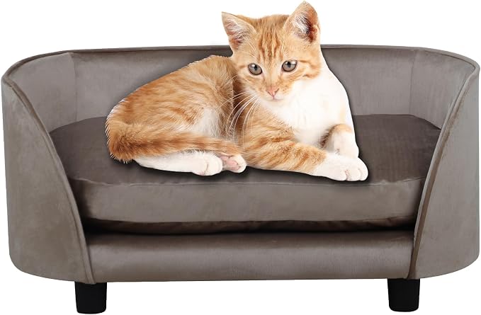 Pet Sofa Bed,Cat Sofa Couch,Small Dog Beds,Pet Sofa Couch, Cat Beds,Wooden Frame and Velvet Fabric and Washable Cushion, Comfy Dog Couch for for Small Dogs &Cats&Puppy (Brown)