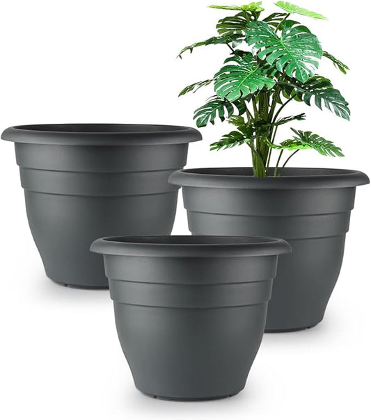 RooTrimmer 12 Inch Plant Pots, Large Planters for Outdoor Plants, Plastic Flower Pots - Durable and Lightweight with Drainage Holes (3 Packs, Gray)