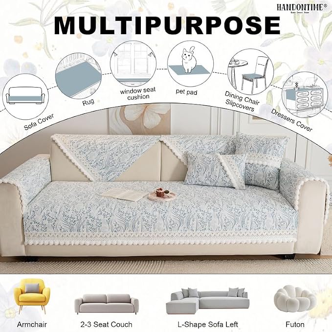 HANDONTIME Floral Chenille Sofa Cover, White Plush Fringed Dog Couch Cover, Jacquard Dog Mat for Couch Sofa, Washable & Anti-Slip Pet-Friendly Furniture Protector for Sectionals (Blue,35.4" x 63")