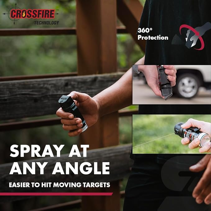 Gel poivre SABRE Crossfire, déploiement sous tous les angles, maximise l'acquisition de cible contre de multiples menaces, clip de ceinture pour un transport facile, couvercle rapide, OC puissance maximale, option spray au poivre 44 ml