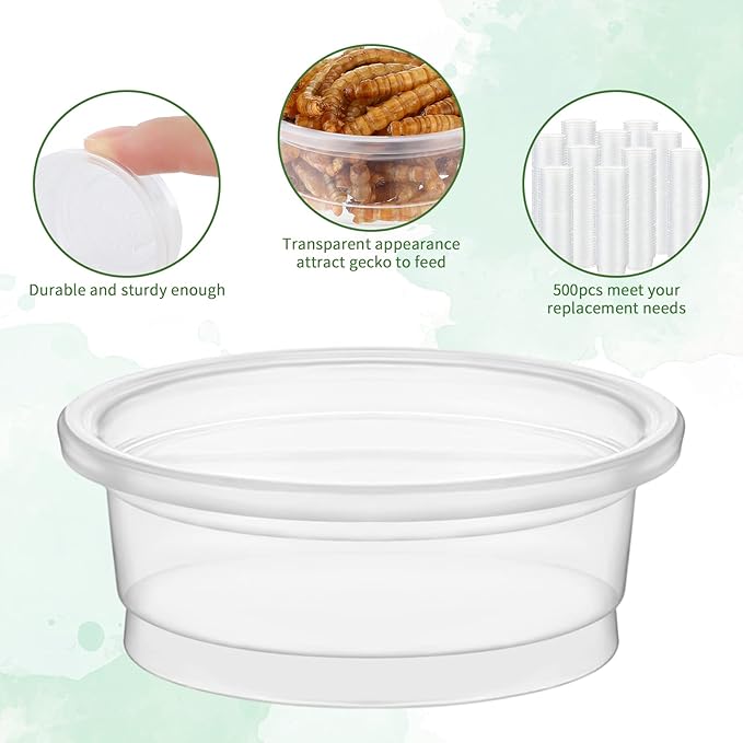 EBOOT 500 Pcs Plastic Feeder Cups - Reptile Water & Food Bowls for Gecko, Lizards, Tarantula & Other Small Pets (0.5oz)