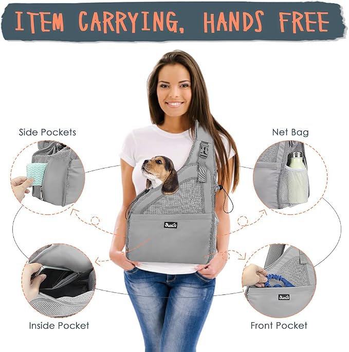 SlowTon Dog Sling Carrier, Hands Free Hard Bottom for Small Dogs up to 6 lb | Breathable Mesh Support, Adjustable Padded Strap, with Pocket Safety Belt, Machine Washable, for Small Animal Puppy, Grey