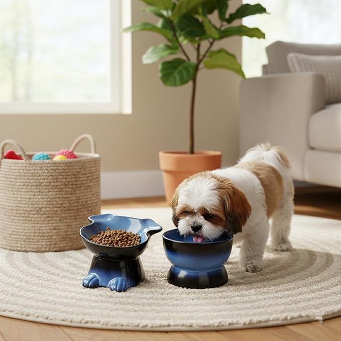 Nihow Dog Food & Water Bowls: Elevated Ceramic Bowls for Medium/Small Dog | Food Safe Raised Puppy Bowls - Vivid Blue Pet Bowl for Protecting Pet's Spine (Set of 2)
