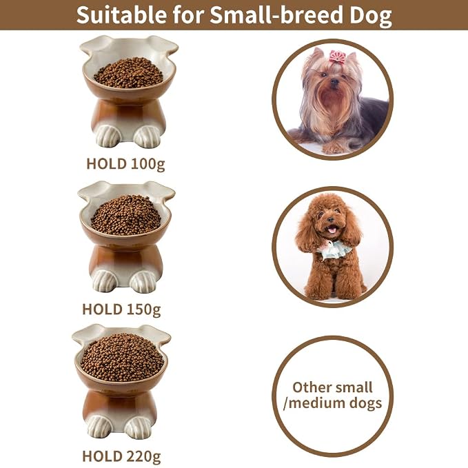 Nihow Elevated Ceramic Dog Bowls: 6.5 Inch Raised Dog Bowl for Food & Water | Food Safe Bowl for Medium/Small Size Dogs - Brown Puppy Bowls for Protecting Pet's Spine(1 PC)