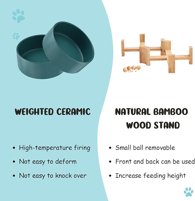 SPUNKYJUNKY 15° Slanted Ceramic Dog and Cat Bowl with Wooden Stand, Tilted Bulldog Food and Water Bowl No Slip Non-Spill for Cats Medium Dogs Big Face Pets 28.7 OZ (3.6 Cups, Green × 2)