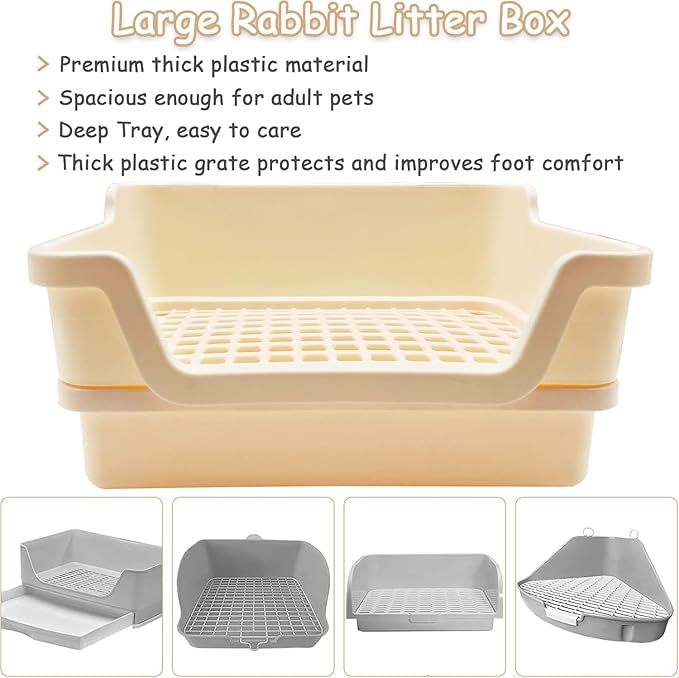 PINVNBY Extra Large Rabbit Litter Box Small Animal Potty Trainer Huge Bunny Litter Pan Plastic Pet Corner Toilet with Mash for Adult Guinea Pigs Chinchillas Ferrets (Beige)