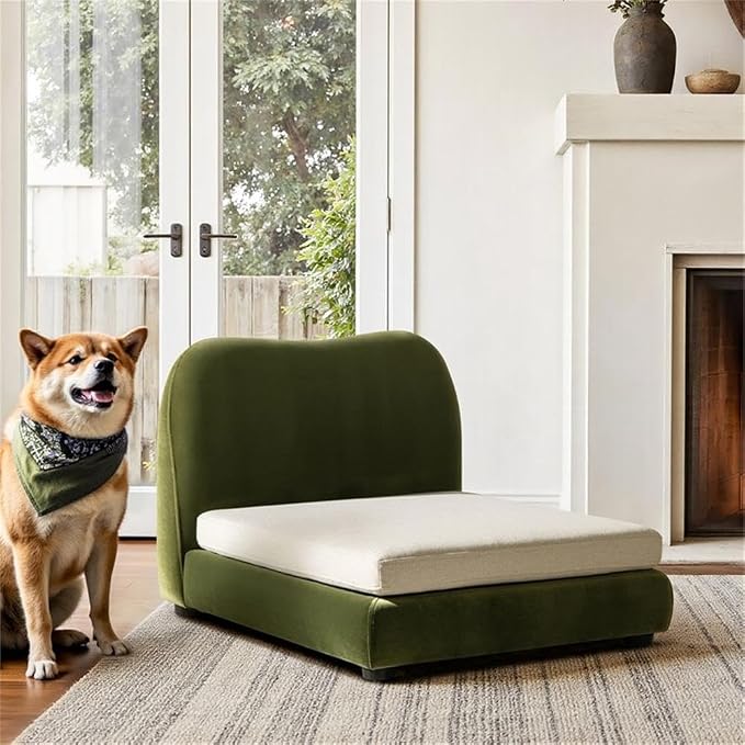 Pemberly Row Upholstered Pet Bed, Olive Green Performance Velvet, 25.5" Wx32 Dx20.5 H, Small to Medium Pets, Furniture-Grade Wood Frame, Removable Cushion, Modern Design for Living Room or Bedroom