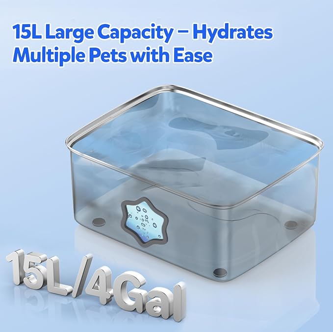Kastty 4Gal/15L Stainless Steel Dog Water Fountain for Pets, Inside, FS81 | 5-Stage Filtration, Dual-Color LED, Visual Window, Large Medium & Multi-Pet