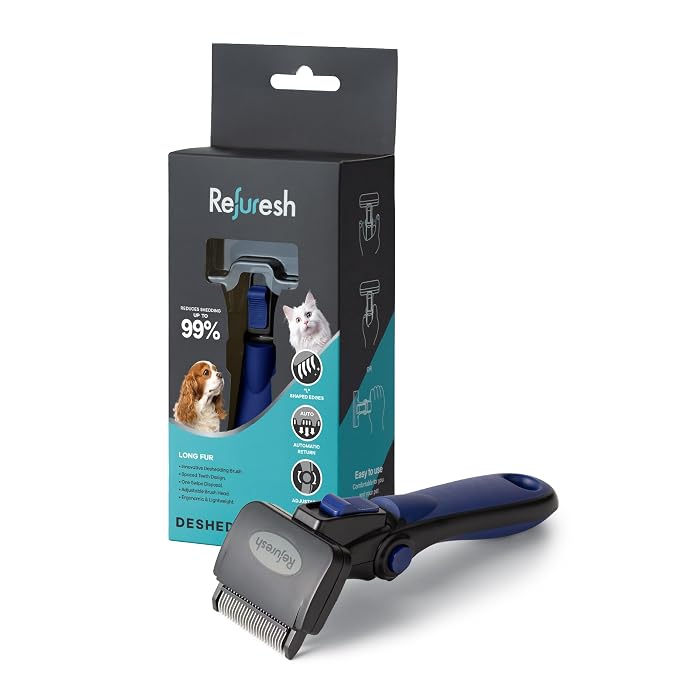 Deshedding Dog Brush for Long Hair (Small,Blue) – Gentle Deshedding Tool for Dogs & Cats – Reduces Shedding, Without damaging Topcoat. Removes Loose Fur & Dead Undercoat.
