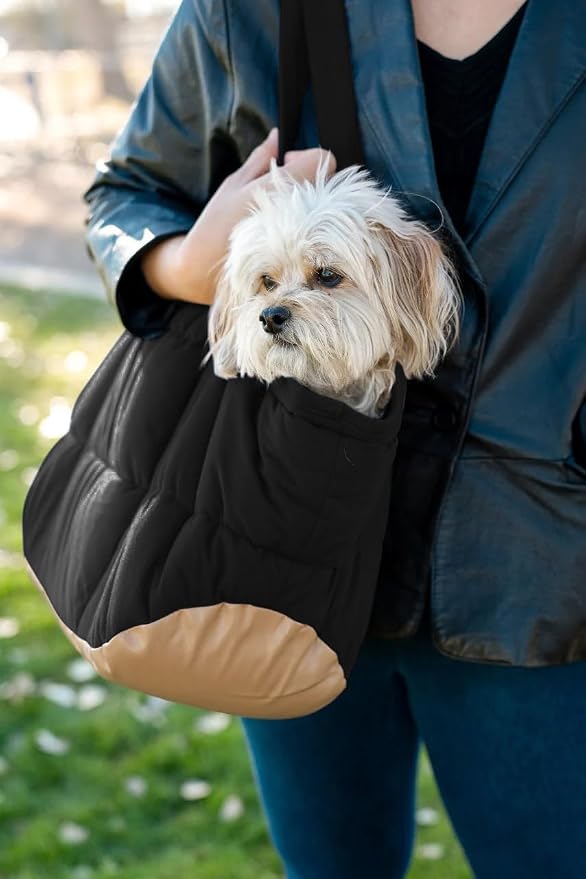 Plush Dog Purse Carrier for Small Dogs, Soft Tote Bag with Safety Harness Clip, Cozy Pet Carrier for Dogs Under 15 lbs, Comfortable Shoulder Carrier for Travel, Black 2.0