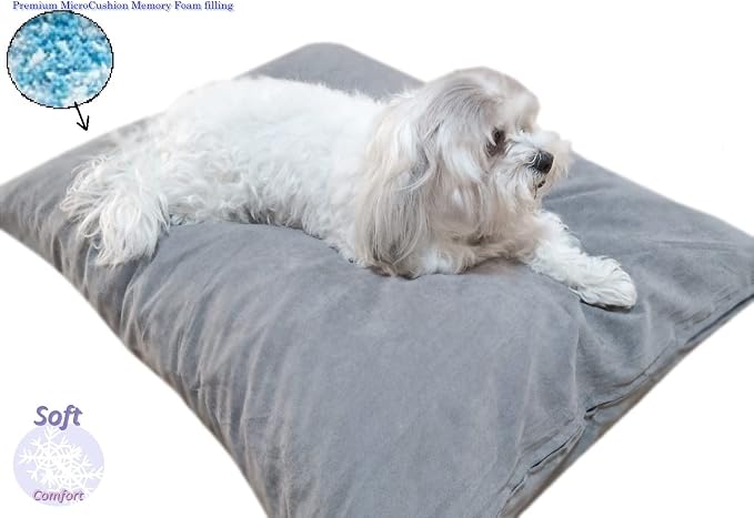 Durable Comfort Micro-Cushion Memory Foam Pet Dog Pillow Bed with Waterproof Liner + External Cover for S,M,L Dogs- Complete Set (Gray Microsuede, 36''x29'')