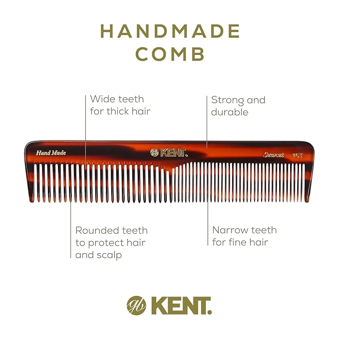 Kent 16T-16TG Fine Tooth and Wide Tooth Comb for Daily Grooming, Handmade Styling Comb for All Hair Types, Styling and Detangling Combs for Men and Women